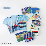 2023 Summer 2-10T Children'S Birthday Clothing Dinosaur Car Striped Print Short Sleeve Basic Tops Cartoon T-Shirt For Kids Boy