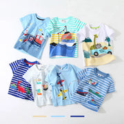 2023 Summer 2-10T Children'S Birthday Clothing Dinosaur Car Striped Print Short Sleeve Basic Tops Cartoon T-Shirt For Kids Boy