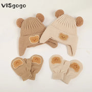 VISgogo Baby Winter Hat Beanie Cap Gloves Set Cartoon Bear Ear Protection Knitted Hat Toddler Cute Warm Cold Weather Accessories