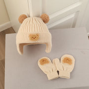 VISgogo Baby Winter Hat Beanie Cap Gloves Set Cartoon Bear Ear Protection Knitted Hat Toddler Cute Warm Cold Weather Accessories